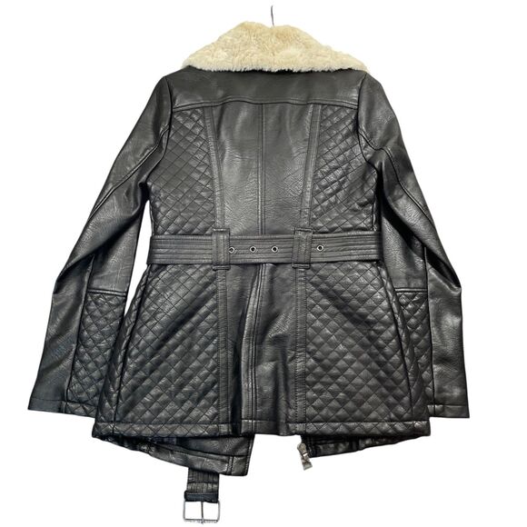 Guess Black XS Polyurethane Insulated Coat Belted Pockets Faux Fur‎ Collar WARM - Picture 8 of 8